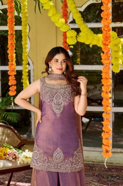 Unparalleled Purple Fendy Satin Three Piece Suit Set with Embroidery and Dupatta 3 Piece Kurti Set
