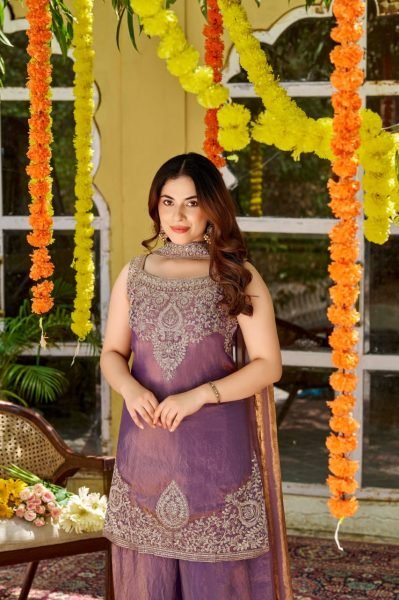 Unparalleled Purple Fendy Satin Three Piece Suit Set with Embroidery and Dupatta 3 Piece Kurti Set