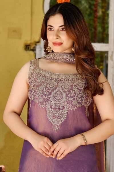 Unparalleled Purple Fendy Satin Three Piece Suit Set with Embroidery and Dupatta 3 Piece Kurti Set