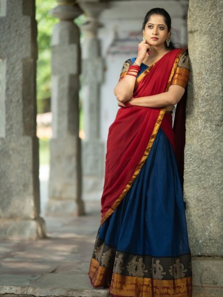 Unparalleled Red Blue Kanchi Cotton Lehenga Set with Unstitched Blouse and Georgette Dupatta  Lehenga