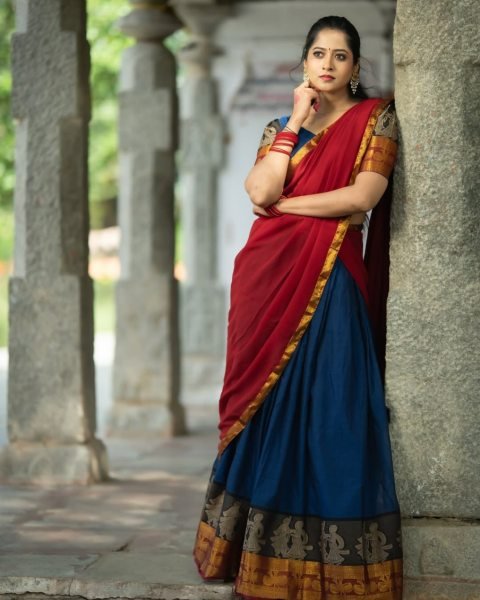 Unparalleled Red Blue Kanchi Cotton Lehenga Set with Unstitched Blouse and Georgette Dupatta Half Saree Lehenga