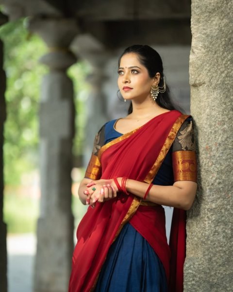 Unparalleled Red Blue Kanchi Cotton Lehenga Set with Unstitched Blouse and Georgette Dupatta Half Saree Lehenga