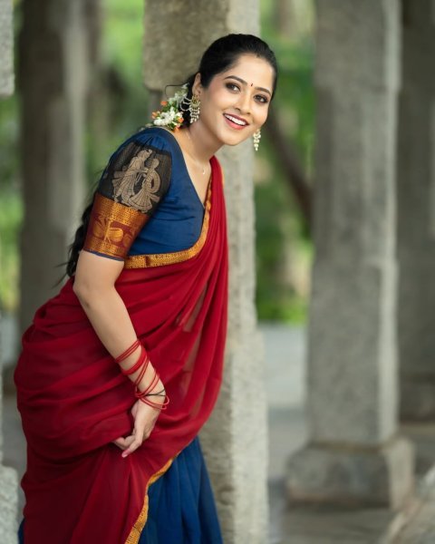 Unparalleled Red Blue Kanchi Cotton Lehenga Set with Unstitched Blouse and Georgette Dupatta Half Saree Lehenga
