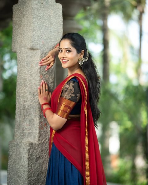 Unparalleled Red Blue Kanchi Cotton Lehenga Set with Unstitched Blouse and Georgette Dupatta Half Saree Lehenga