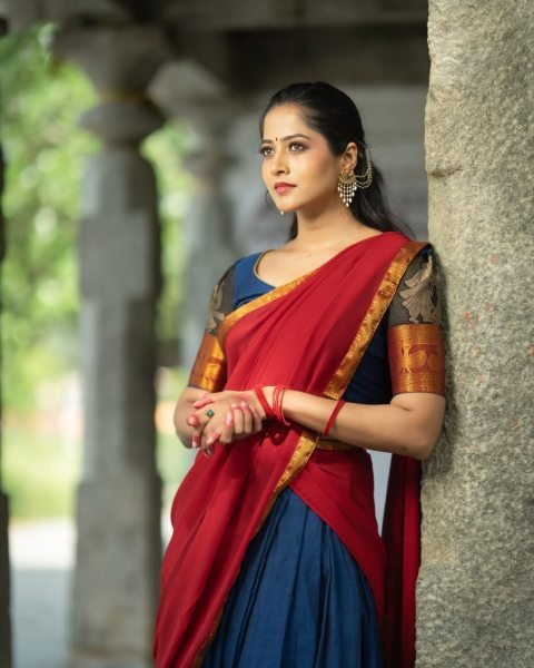 Unparalleled Red Blue Kanchi Cotton Lehenga Set with Unstitched Blouse and Georgette Dupatta Half Saree Lehenga