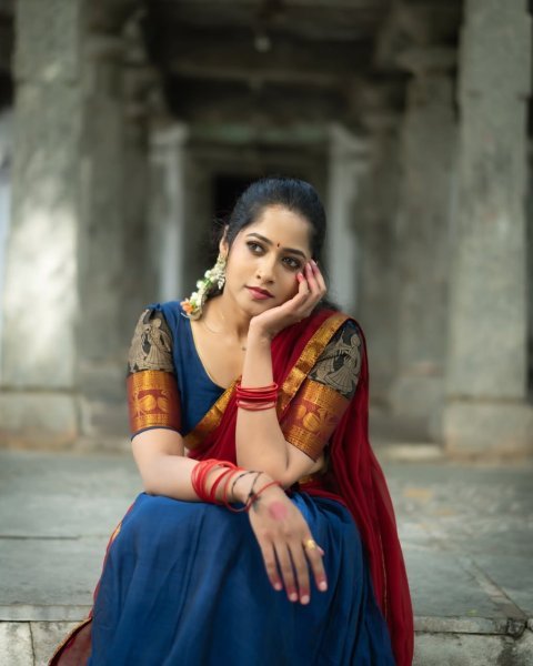 Unparalleled Red Blue Kanchi Cotton Lehenga Set with Unstitched Blouse and Georgette Dupatta Half Saree Lehenga