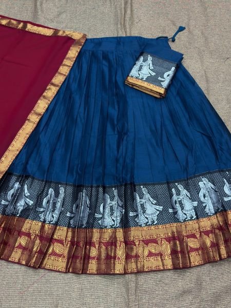 Unparalleled Red Blue Kanchi Cotton Lehenga Set with Unstitched Blouse and Georgette Dupatta Half Saree Lehenga