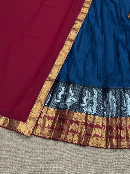 Unparalleled Red Blue Kanchi Cotton Lehenga Set with Unstitched Blouse and Georgette Dupatta Half Saree Lehenga