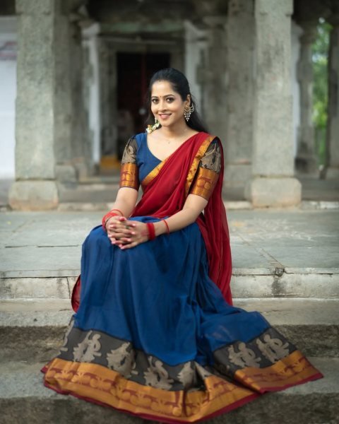 Unparalleled Red Blue Kanchi Cotton Lehenga Set with Unstitched Blouse and Georgette Dupatta Half Saree Lehenga