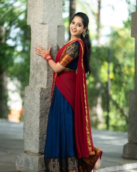 Unparalleled Red Blue Kanchi Cotton Lehenga Set with Unstitched Blouse and Georgette Dupatta Half Saree Lehenga