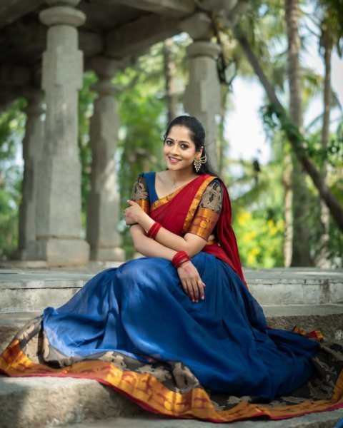 Unparalleled Red Blue Kanchi Cotton Lehenga Set with Unstitched Blouse and Georgette Dupatta Half Saree Lehenga