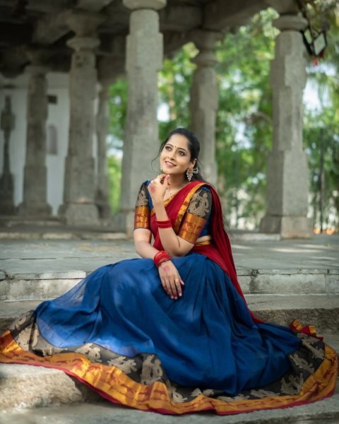 Unparalleled Red Blue Kanchi Cotton Lehenga Set with Unstitched Blouse and Georgette Dupatta Half Saree Lehenga