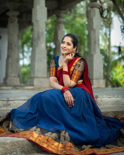 Unparalleled Red Blue Kanchi Cotton Lehenga Set with Unstitched Blouse and Georgette Dupatta Half Saree Lehenga