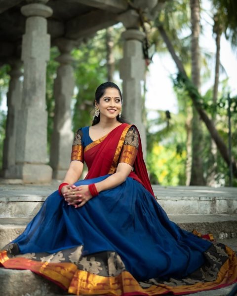 Unparalleled Red Blue Kanchi Cotton Lehenga Set with Unstitched Blouse and Georgette Dupatta Half Saree Lehenga