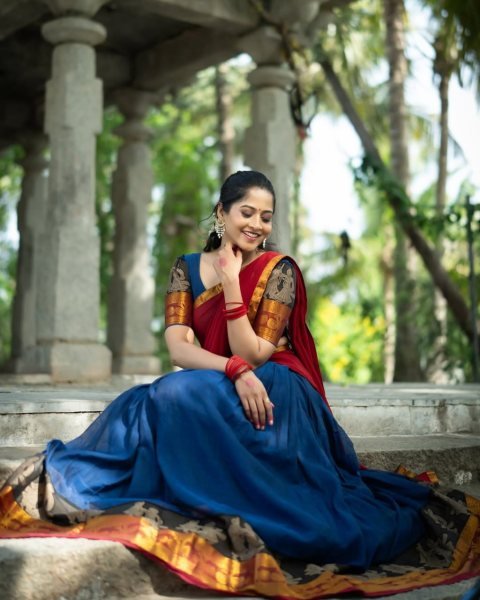 Unparalleled Red Blue Kanchi Cotton Lehenga Set with Unstitched Blouse and Georgette Dupatta Half Saree Lehenga