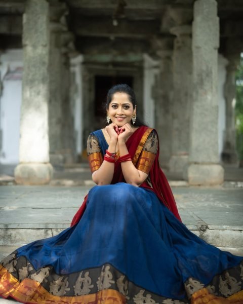 Unparalleled Red Blue Kanchi Cotton Lehenga Set with Unstitched Blouse and Georgette Dupatta Half Saree Lehenga