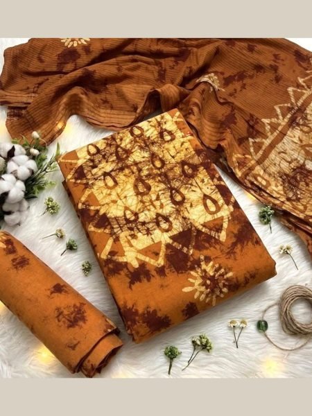 Unparalleled Rust Mustard Boutique Style Wax Batik Dress Material for Kurti Stitching 