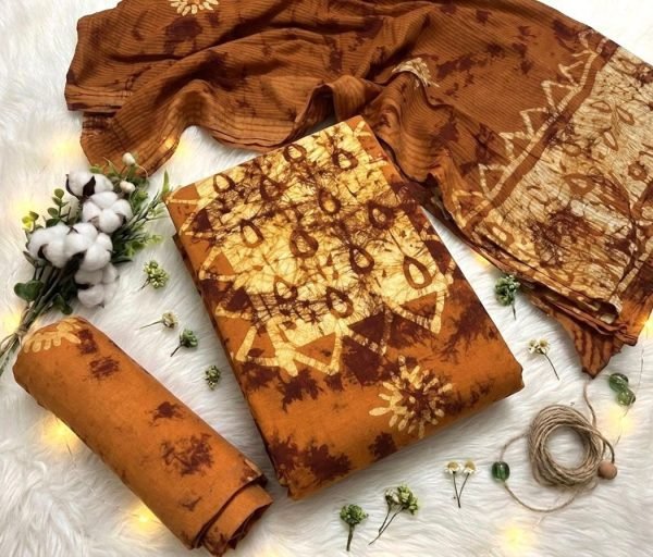 Unparalleled Rust Mustard Boutique Style Wax Batik Dress Material for Kurti Stitching Color Set Matching Dress Material Wholesale