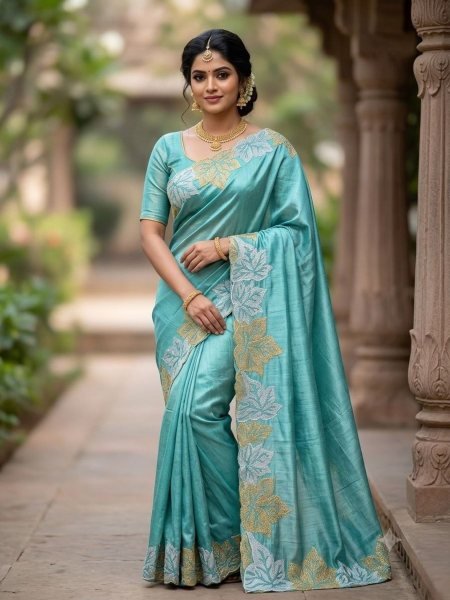 Unparalleled Sky Blue Blooming Vichitra Silk Saree with Gold And Silver Zari Work Sarees 