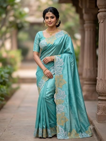 Unparalleled Sky Blue Blooming Vichitra Silk Saree with Gold And Silver Zari Work Embroidery Sarees Wholesale