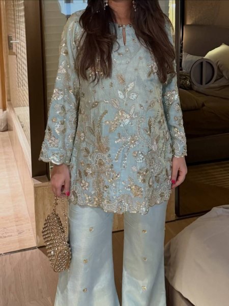 Unparalleled Sky Blue Stylish Designer Suit with Rich Sequins Embroidery Detailing Ready To Wear Collection