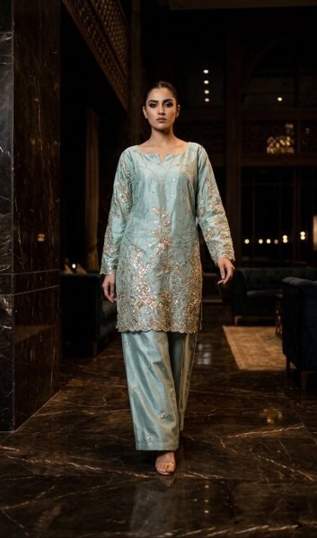 Unparalleled Sky Blue Stylish Designer Suit with Rich Sequins Embroidery Detailing Ready To Wear Collection