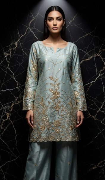 Unparalleled Sky Blue Stylish Designer Suit with Rich Sequins Embroidery Detailing Ready To Wear Collection