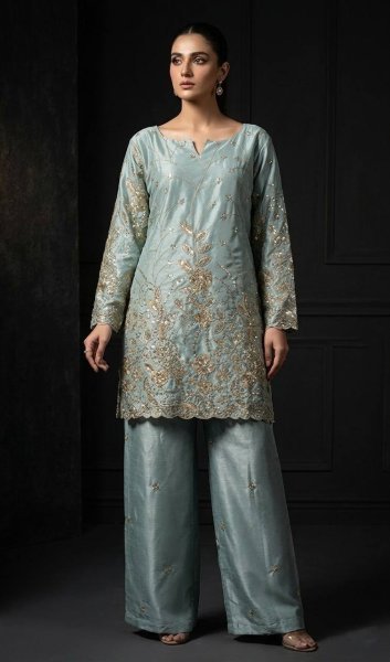 Unparalleled Sky Blue Stylish Designer Suit with Rich Sequins Embroidery Detailing Ready To Wear Collection