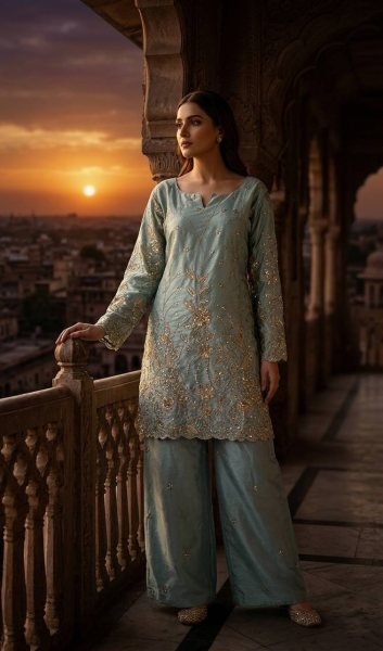 Unparalleled Sky Blue Stylish Designer Suit with Rich Sequins Embroidery Detailing Ready To Wear Collection