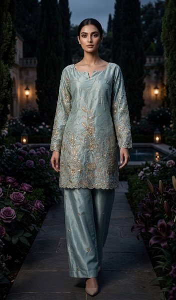 Unparalleled Sky Blue Stylish Designer Suit with Rich Sequins Embroidery Detailing Ready To Wear Collection