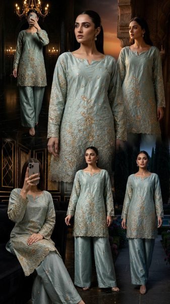 Unparalleled Sky Blue Stylish Designer Suit with Rich Sequins Embroidery Detailing Ready To Wear Collection