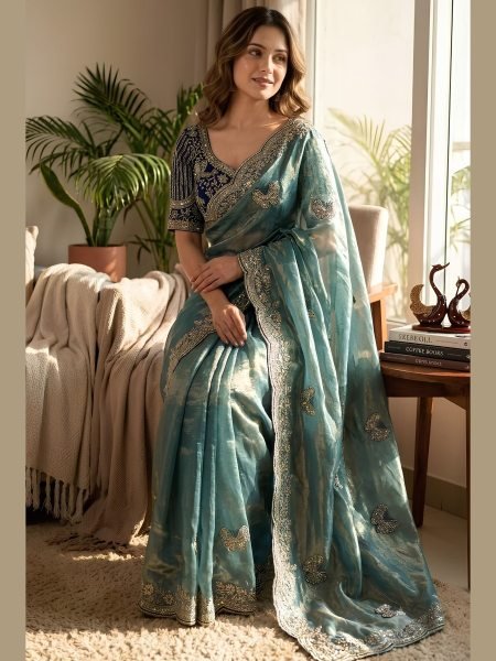 Unparalleled Teal Blue Frendy Satin Saree with Full Stitched Embroidered Blouse Sarees 