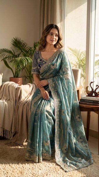 Unparalleled Teal Blue Frendy Satin Saree with Full Stitched Embroidered Blouse Designer Wedding Sarees Wholesale