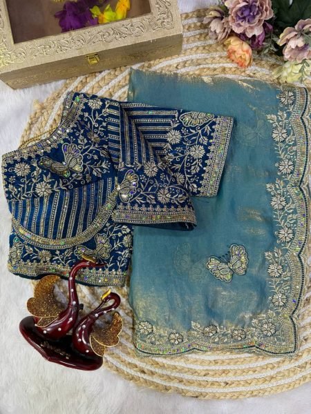 Unparalleled Teal Blue Frendy Satin Saree with Full Stitched Embroidered Blouse Designer Wedding Sarees Wholesale