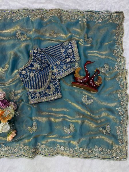 Unparalleled Teal Blue Frendy Satin Saree with Full Stitched Embroidered Blouse Designer Wedding Sarees Wholesale