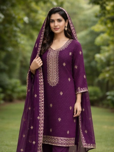 Unparalleled Wine Boutique Style Georgette Zari Work Salwar Suit Dress Material 