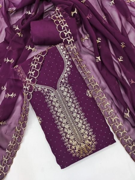 Unparalleled Wine Boutique Style Georgette Zari Work Salwar Suit Dress Material Color Set Matching Dress Material Wholesale