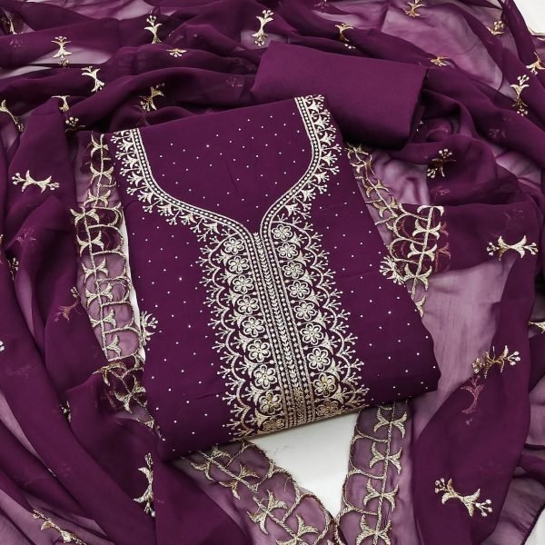 Unparalleled Wine Boutique Style Georgette Zari Work Salwar Suit Dress Material Color Set Matching Dress Material Wholesale
