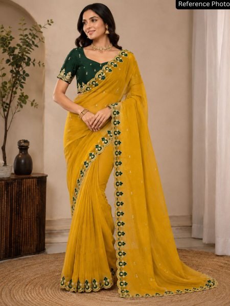Unparalleled Yellow Star Georgette Embroidered Saree for Festive Wear at Wholesale Rate