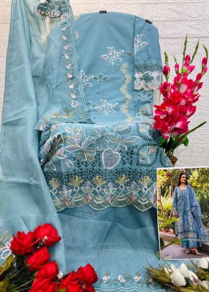 Unstitched Cotton Dress Material Embroidered Top & Net Dupatta Pakistani Suits Wholesale