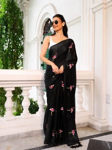Upscale Black Designer Soft Chanderi Cotton Saree with Fancy Tassels Pallu at Manufacturer  