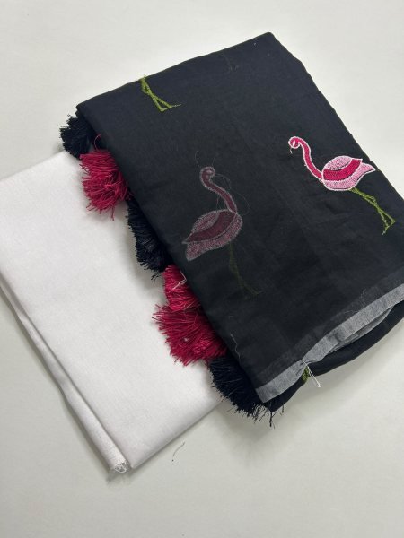 Upscale Black Designer Soft Chanderi Cotton Saree with Fancy Tassels Pallu at Manufacturer  Printed Cotton Sarees Wholesale