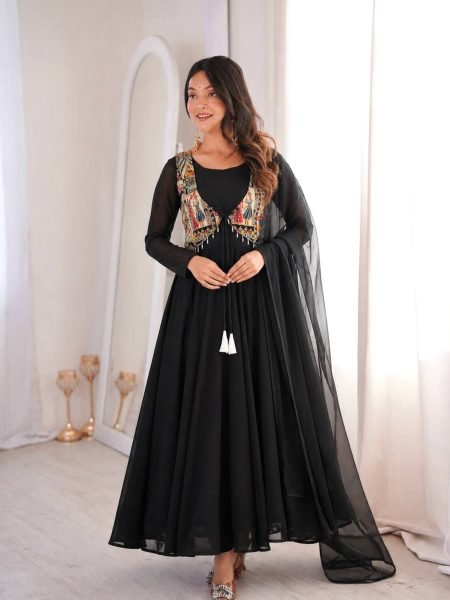Upscale Black Faux Georgette Anarkali Gown with Position Work Koti   Dupatta at Factory Price Ready To Wear Suit