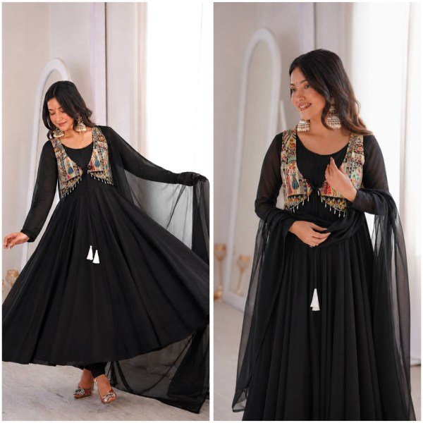 Upscale Black Faux Georgette Anarkali Gown with Position Work Koti   Dupatta at Factory Price Ready To Wear Collection