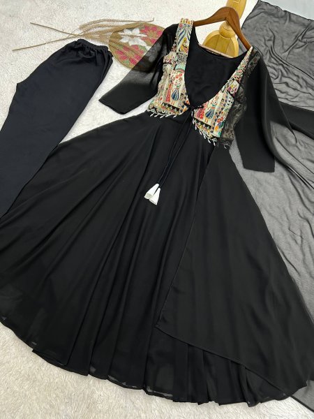 Upscale Black Faux Georgette Anarkali Gown with Position Work Koti   Dupatta at Factory Price Ready To Wear Collection