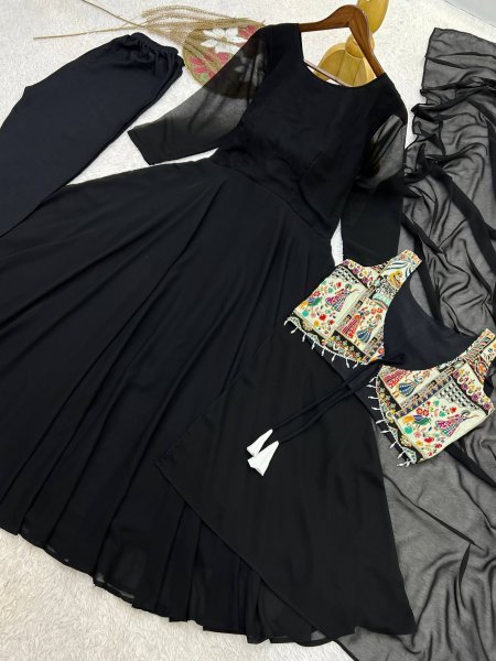 Upscale Black Faux Georgette Anarkali Gown with Position Work Koti   Dupatta at Factory Price Ready To Wear Collection