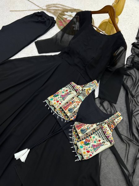 Upscale Black Faux Georgette Anarkali Gown with Position Work Koti   Dupatta at Factory Price Ready To Wear Collection