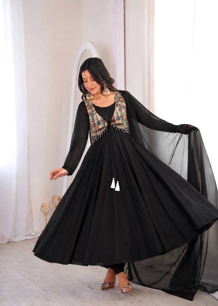 Upscale Black Faux Georgette Anarkali Gown with Position Work Koti   Dupatta at Factory Price Ready To Wear Collection