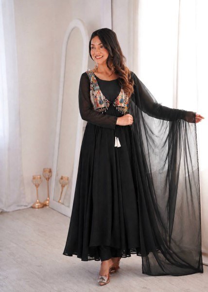 Upscale Black Faux Georgette Anarkali Gown with Position Work Koti   Dupatta at Factory Price Ready To Wear Collection