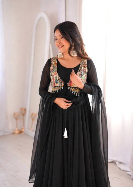 Upscale Black Faux Georgette Anarkali Gown with Position Work Koti   Dupatta at Factory Price Ready To Wear Collection